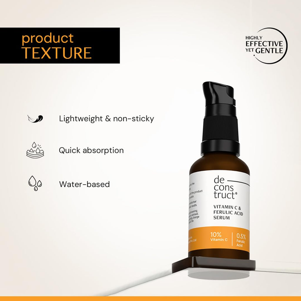 Deconstruct 10% Vitamin C Serum | Non-Irritating & Non-Sticky | Tested for Oily, Sensitive Skin | Beginner-Friendly| Brightens Dull Skin, Evens Tone | No Purging | With 0.5% Ferulic Acid|30ml
