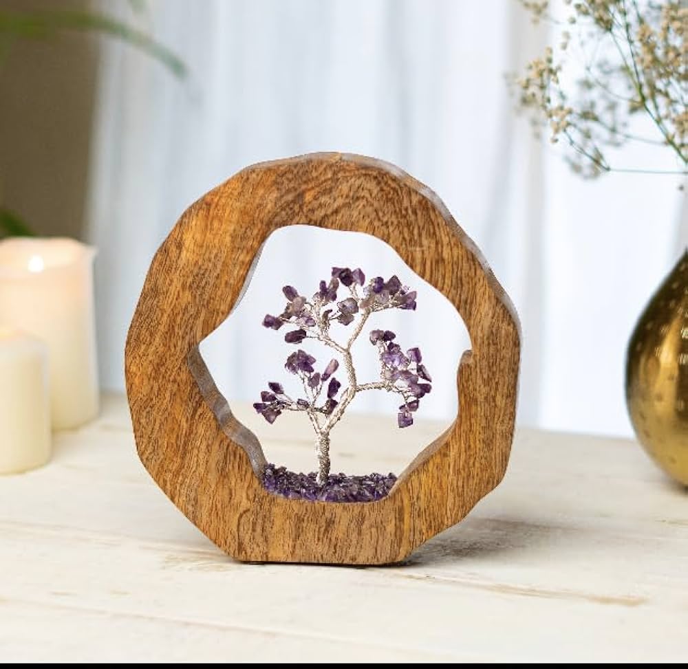Ritualistic Amethyst Crystal Tree Set in Wooden Ring Gift Spiritual Item for Energy Flow & Chakra Healing Feng Shui Gemstone Bonsai