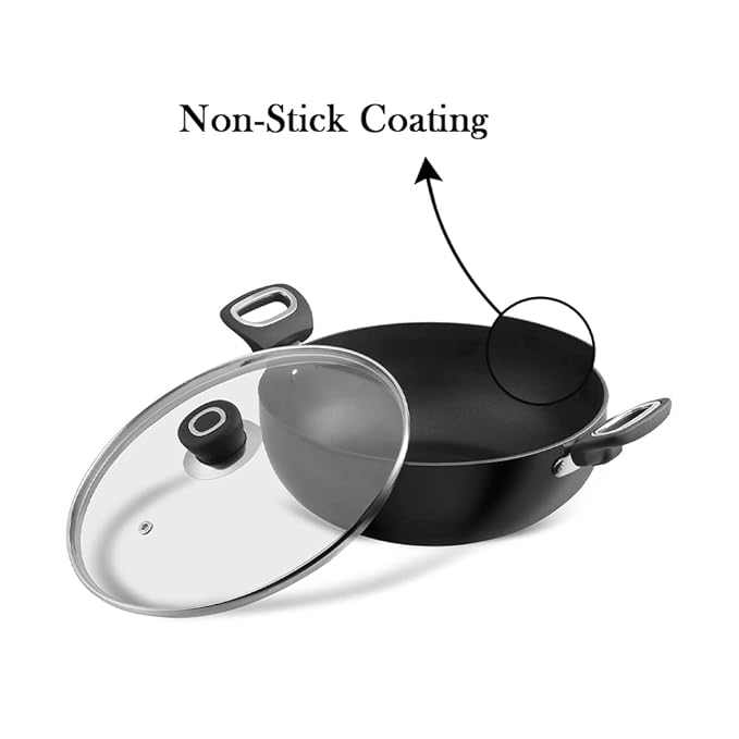 Vinod Hanos Hard Anodised Non Stick Deep Kadhai with Glass lid - 4.1 Litre, 26 cm | 3.25mm Thick | 5X Non Stick