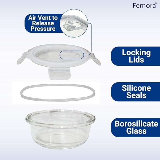 Femora Borosilicate Glass Containers for Kitchen | Storage Box for Kitchen With Air Vent Lid | Set of 3 | 380 Ml, 580 Ml, 940 Ml