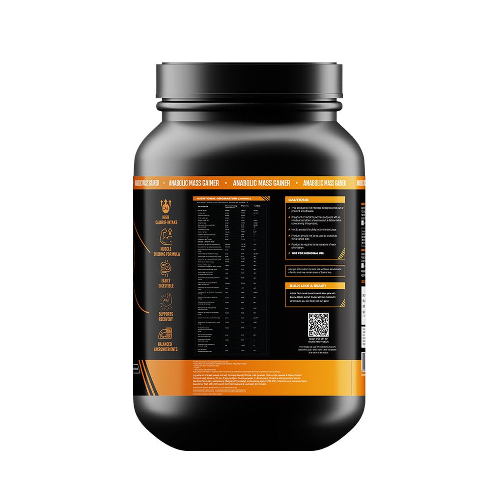 Beast Life High Protein Mass/Weight Gainer | 1 KG | Belgian Chocolate with Free Shaker | NABL LAB Tested | For Muscle Gain & Fast Growth | Cereal-Based Formula, No Maltodextrin | India's #1 Cereal Based Bulk Gainer