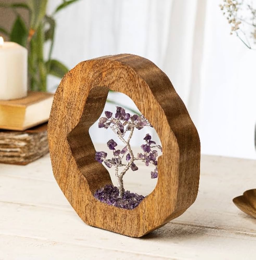 Ritualistic Amethyst Crystal Tree Set in Wooden Ring Gift Spiritual Item for Energy Flow & Chakra Healing Feng Shui Gemstone Bonsai