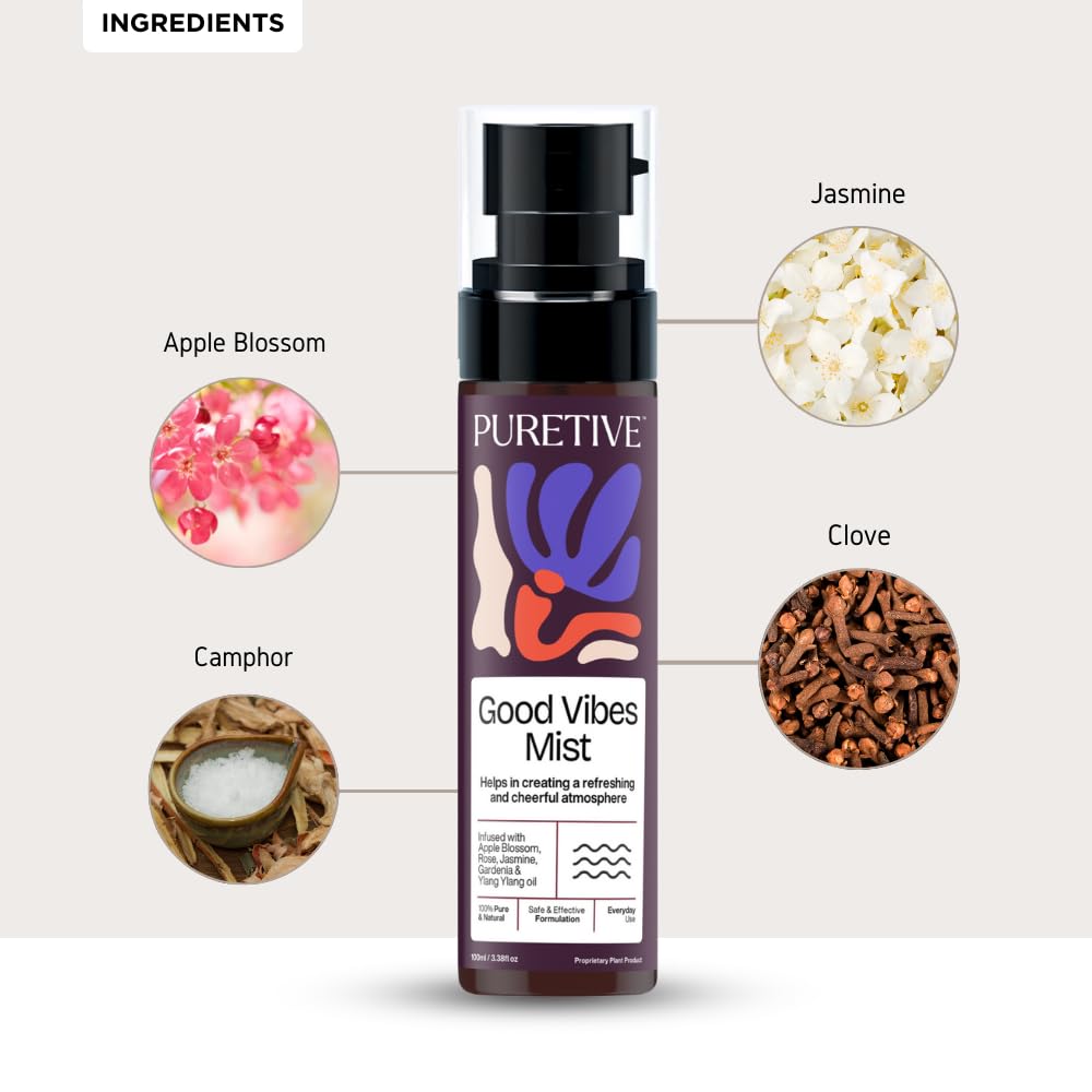 PURETIVE GOOD VIBES Plant Therapy Scent Mist | Body+Linen+Room | 100% Therapeutic Scent Mist with Essential Oil | Uplifts mood & Creates a Soothing Environment | 100ml