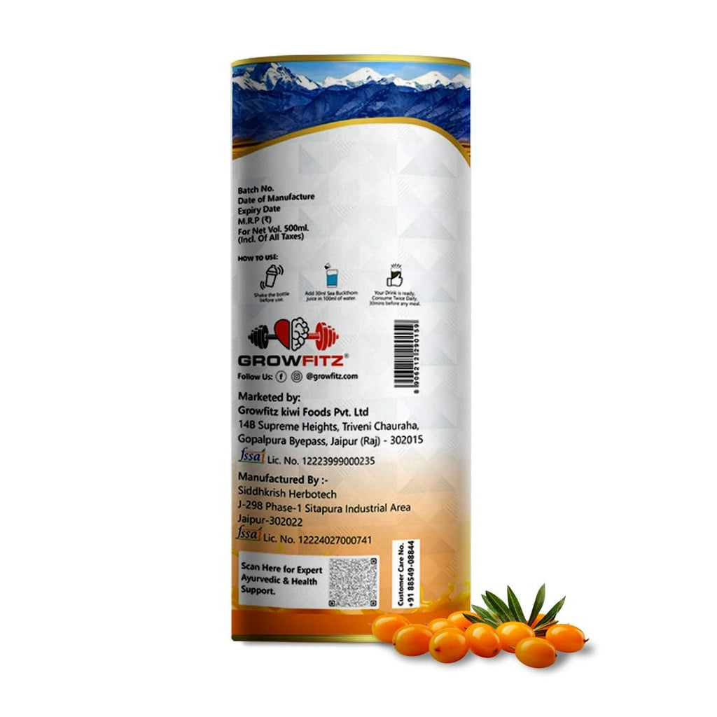 Growfitz Himalayan Sea Buckthorn Pulp Concentrate 500 ML | Cold-Pressed | Makes 80 Glass, Natural Vitamin C, Omega 3 6 7 9, Antioxidants | Immunity, Skin Glow & Gut Health Support | Seabuckthorn Juice
