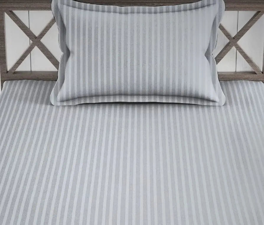 Trance Home Linen 100% Cotton 78x36 inch Single Fitted 200TC Satin Stripe Elastic Fitted Bedsheet with 1 Pillow Covers Colour Silver Grey