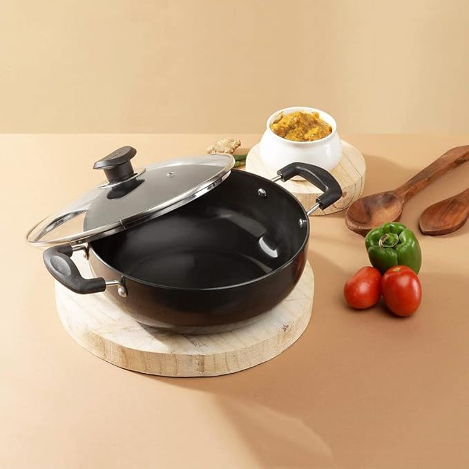 Vinod Black Pearl Plus Hard Anodised Deep Kadhai with Lid - 4.1 Litre, 26 cm | 3.25mm Thick | Natural Stick Free Kadai