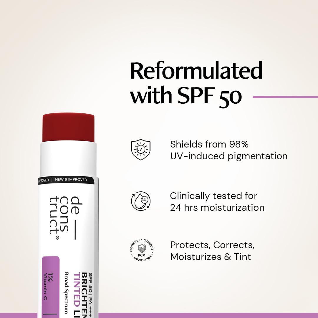 Deconstruct Brightening Tinted with SPF 50 | For Dark, Pigmented, Dry, Flaky Lip | SPF 50 for Sun Damage and Discoloration | Lip Balm for Glossy Buttery Soft Pink Lips | For Women & Men - (4.2g)