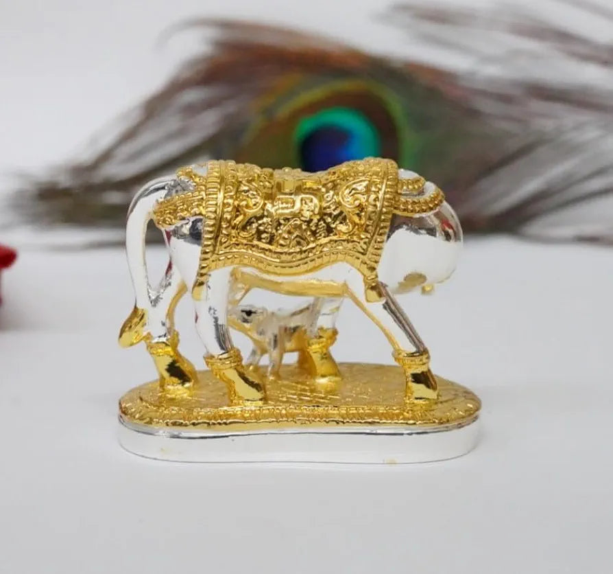 Gold Art India Om Kamdhenu Cow with Calf Idol  Gold Silver Plated