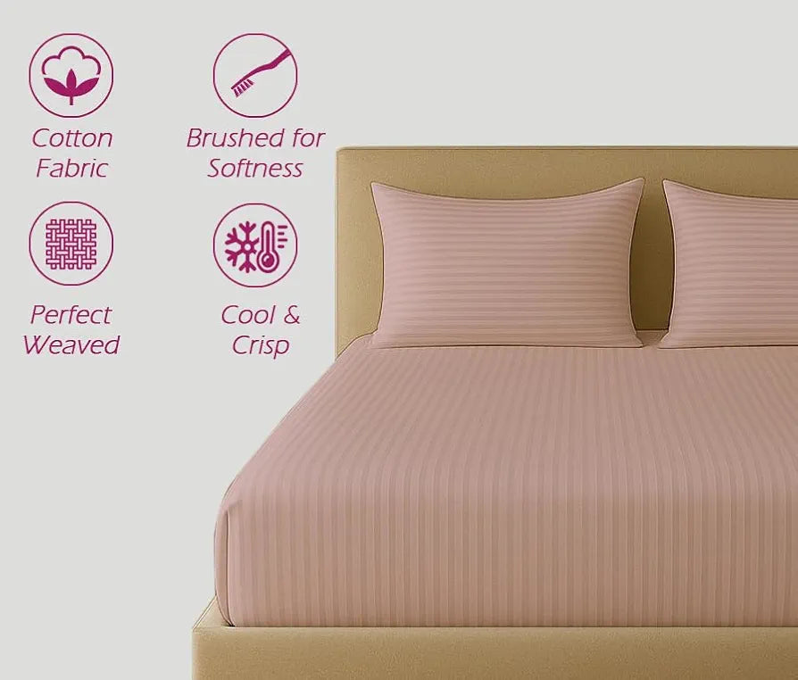 Trance Home Linen 100% Cotton 78x72 inch King Fitted 200TC Satin Stripe Elastic Fitted Bedsheet Fitted Bedspread with 2 Pillow Covers 78"x72" | 6.5x6 feet Colour Cameo Rose