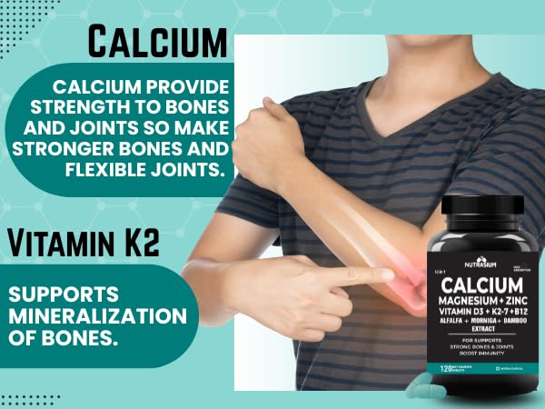 Nutrasium | Calcium & Vitamin D3 Tablets | Calcium Magnesium Zinc D3 & K2 with B12 & Folic Acid | Alfalfa, Moringa & Bamboo Leaves Extract | For Strong Bone & Joint Support | 60 Tablets