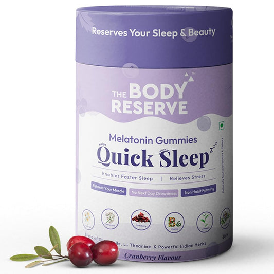 The Body Reserve Quick Sleep Melatonin Gummies For Natural Sleep Aid For Muscle Recovery,Nerve Relaxation & Relieves Stress Vegan,Gluten-Free,Non-Addictive Cranberry Flavours,30 Gummies,No Added Sugar