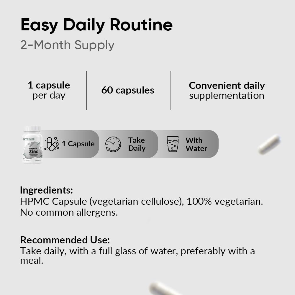 Ambrosial Zinc Supplements - High Strength 30 mg, Highly Bioavailable Zinc Supplement for Men & Women, Immune & Metabolism Support, Zinc Supplements, Pack of 1-60 Capsules