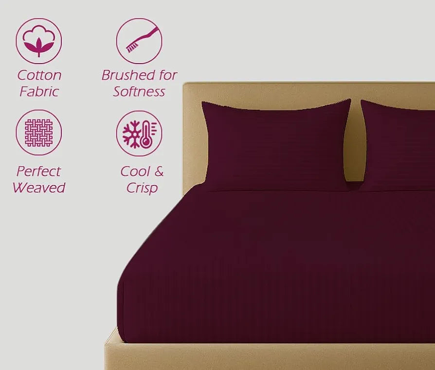 Trance Home Linen 100% Cotton 78x72 inch King Fitted 200TC Satin Stripe Elastic Fitted Bedsheet with 2 Pillow Covers Colour Deep Wine