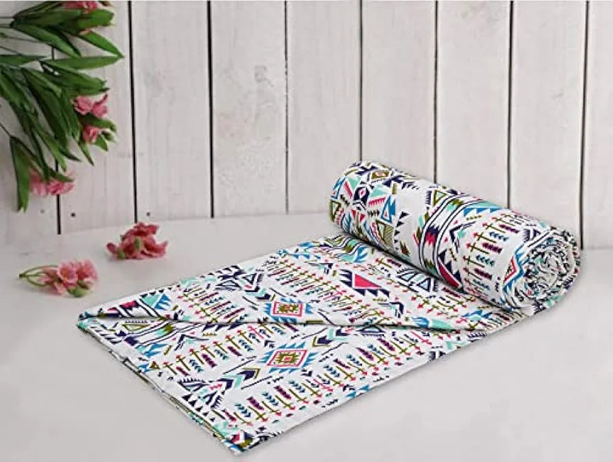 Trance Home Linen Pure Cotton Reversible Dohar Toddler Size Cotton Ac Quilt for Babies Colour Aztec Sea Blue