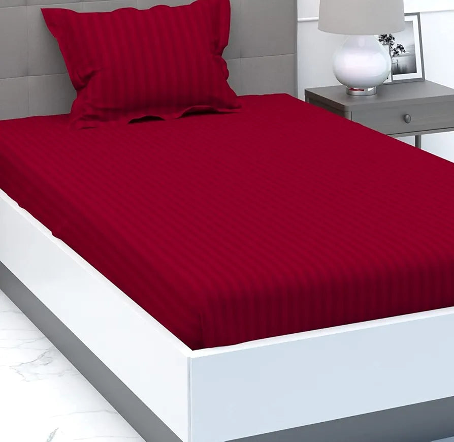 Purav Light Microfiber Flat Single Bed Bedsheet Plain Striped Cotton Bedsheet with 1 Pillow Cover for Queen Size Bed Supersoft 340 TC Breathable Maroon Color