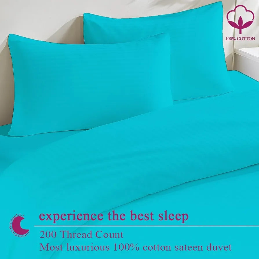 Trance Home Linen Zippered 100% Cotton 200TC Satin Stripe King Size Duvet Cover Quilt Cover Blanket Cover Razai Comforter Cover with 2 Pillow Covers Colour Aqua Turquoise Blue