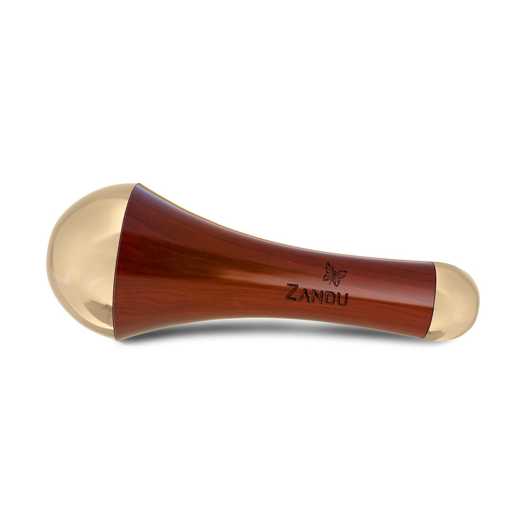 Zandu Ayurvedic Dual Sided Kansa Wand Massager | 100% Bronze & Teakwood handleâ€“ Portable Face, Neck, Body & Foot Massager | Promotes Relaxation & Improves Blood Circulation | Face Yoga Wellness Tool