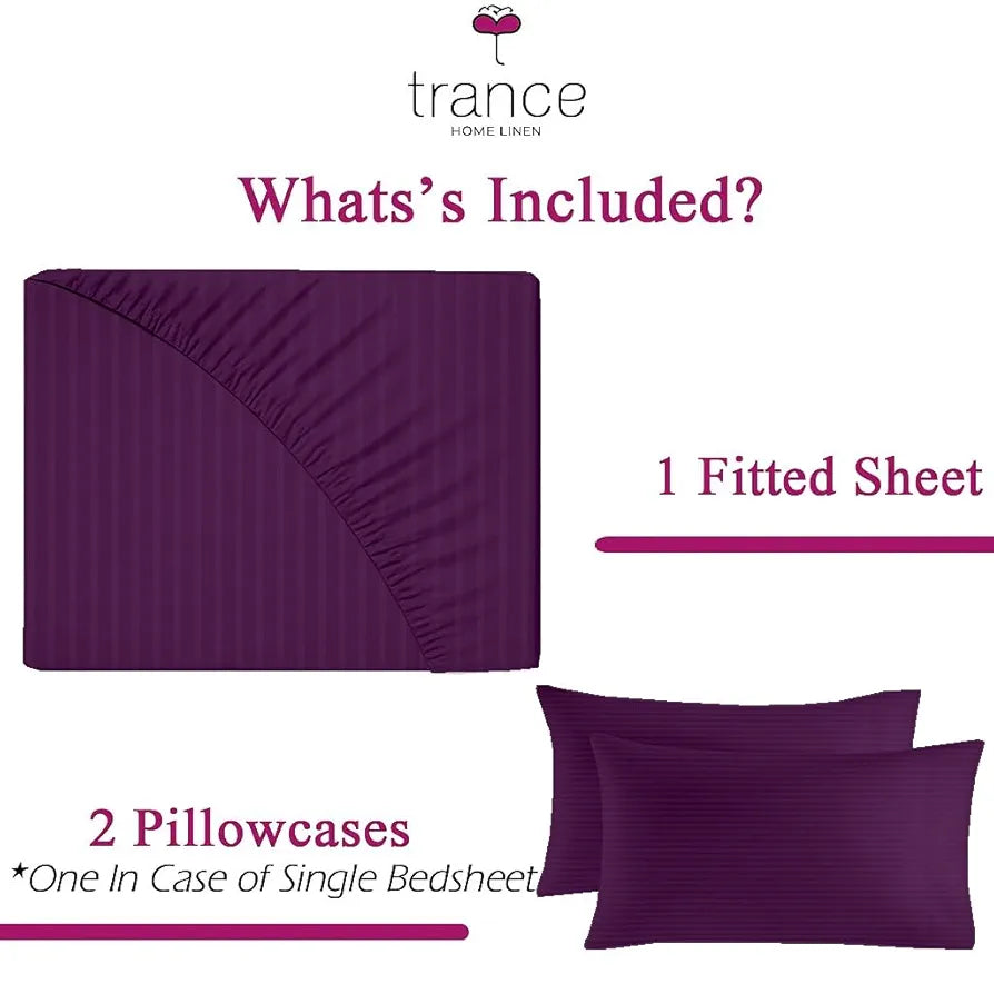 Trance Home Linen 100% Cotton 78x72 inch King Fitted 200TC Satin Stripe Elastic Fitted Bedsheet with 2 Pillow Covers Colour Plum