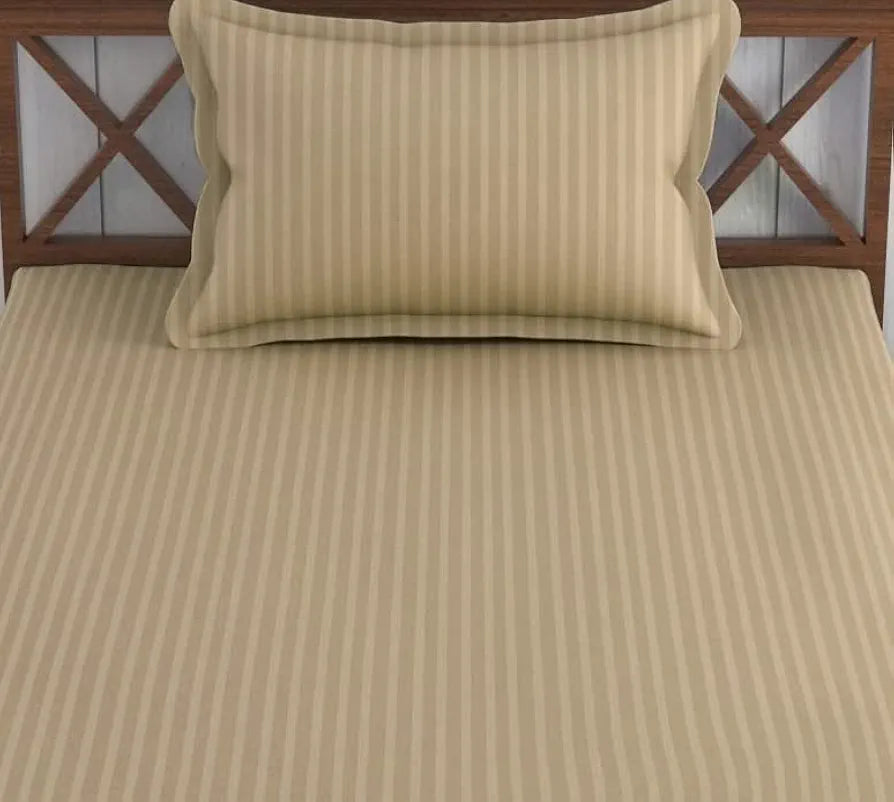 Trance Home Linen Cotton 78X36 Inch Single Fitted 200TC Satin Stripe Elastic Fitted Bedsheet With 1 Pillow Covers Colour Brown Grey