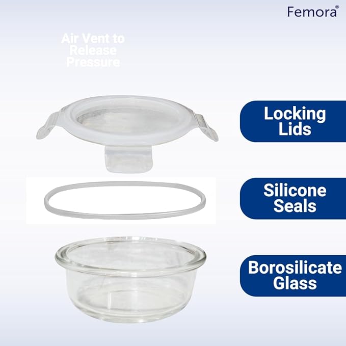 Femora Borosilicate Glass Containers for Kitchen | Storage Box for Kitchen With Air Vent Lid | Set of 3 | 240 Ml