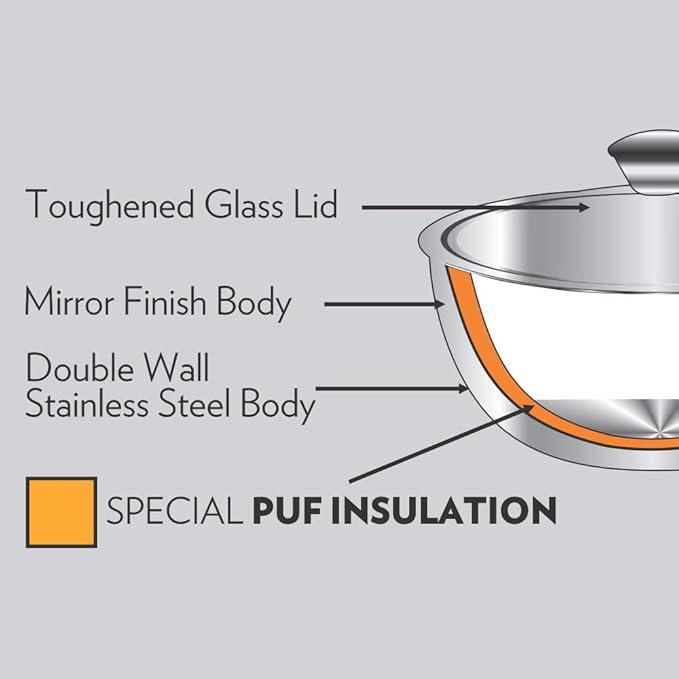 Borosil Stainless Steel Solid Insulated Handi | 800 Ml | 1 Piece | Silver