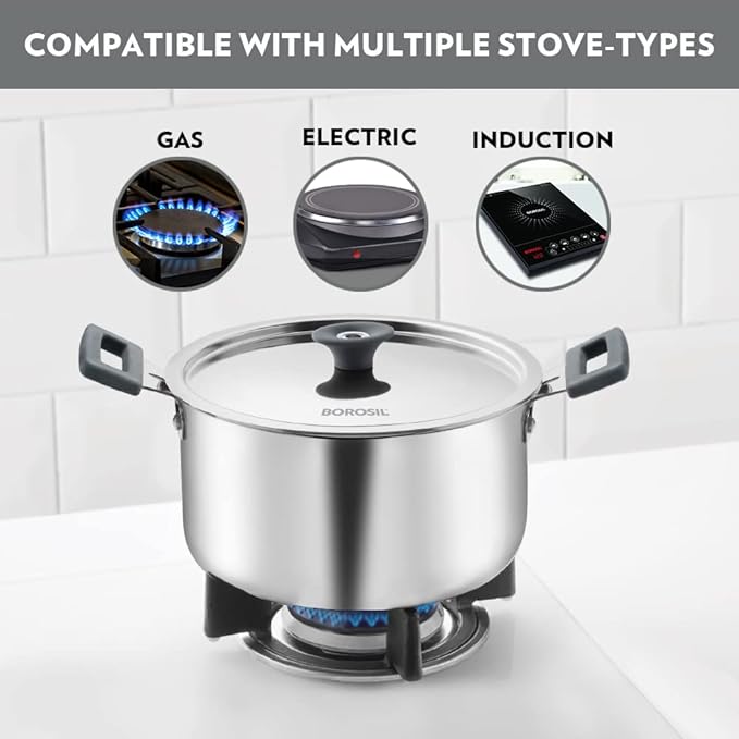 Borosil Cookfresh Tri-ply Stainless Steel Cook & Serve Casserole With Lid | Induction Friendly | 2.2 Litres | 18 Cm