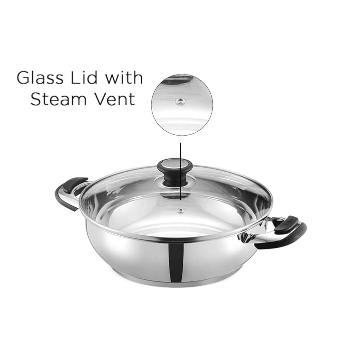 Vinod Durban Stainless Steel Kadhai with Glass Lid 1.7 Litre (20 cm) | 6.2mm Thick | Kadhai for Deep Frying | Induction and Gas Base
