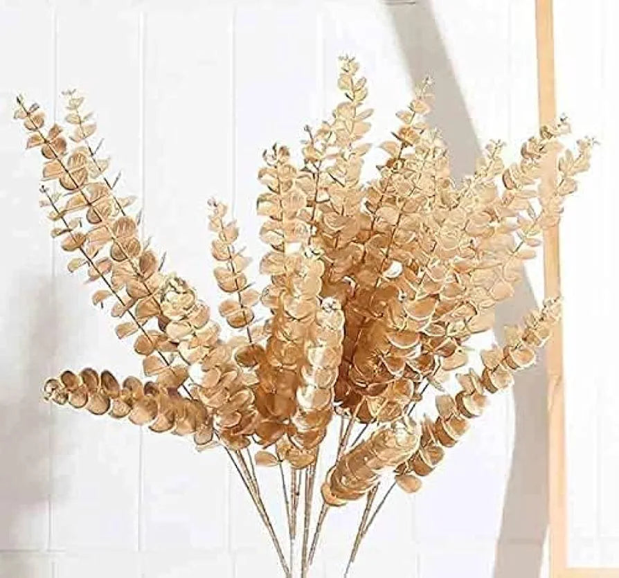 Plastic Artificial Flowers For Decoration Flower Bunch Long Size Eucalyptus Gingko Stick Stem Golden 85 Cm Height