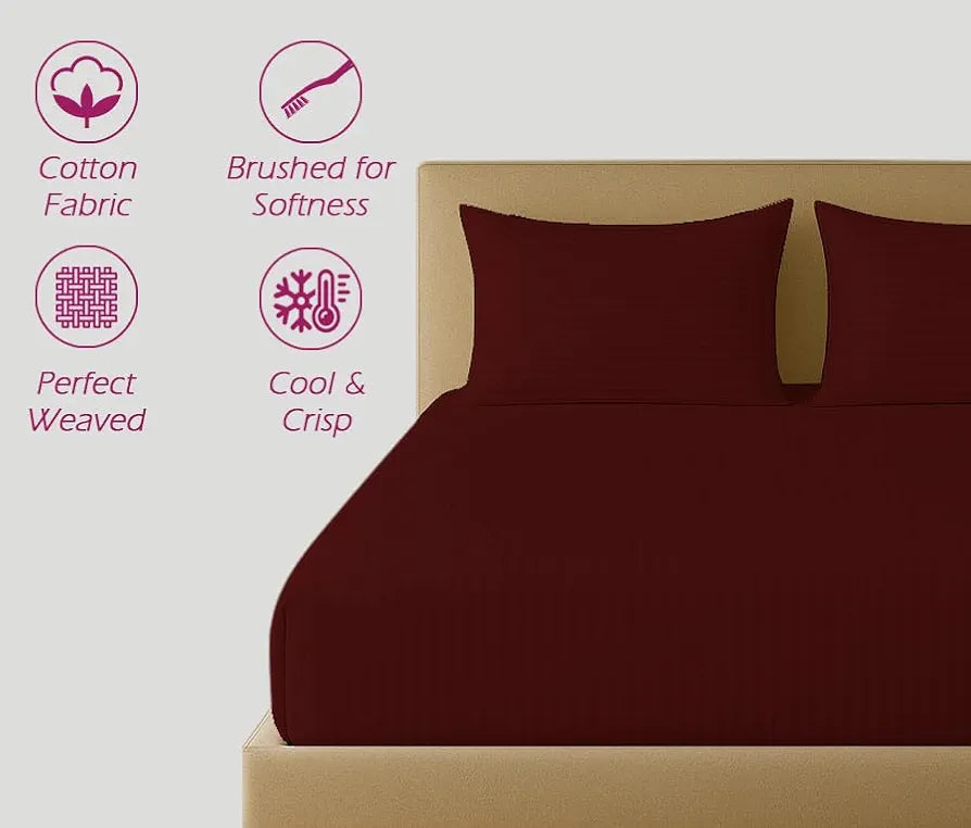 Trance Home Linen 100% Cotton 78x66 inch 200TC Satin Stripe Elastic Fitted Bedsheet Daily Use Double Bed Fitted Bedspread with 2 Pillow Covers Colour Maroon