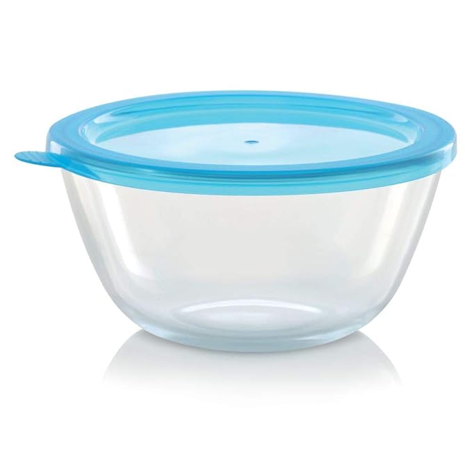 Borosil Glass Mixing & Serving Bowl With Blue Lid | Oven & Microwave Safe Bowl | 1.3 Litres | Borosilicate Glass