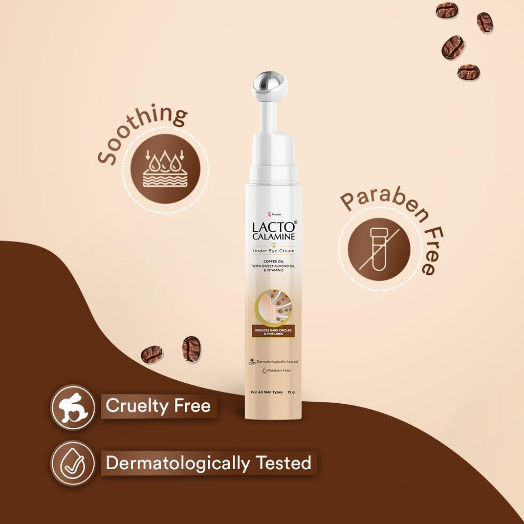 Lacto Calamine Under Eye Cream For Dark Circles for Women & Men | Fine Lines & Puffy Eyes With Cooling Massage Roller | 15g | With Coffee Oil, Multi-Peptides, Niacinamide, & Vitamin E
