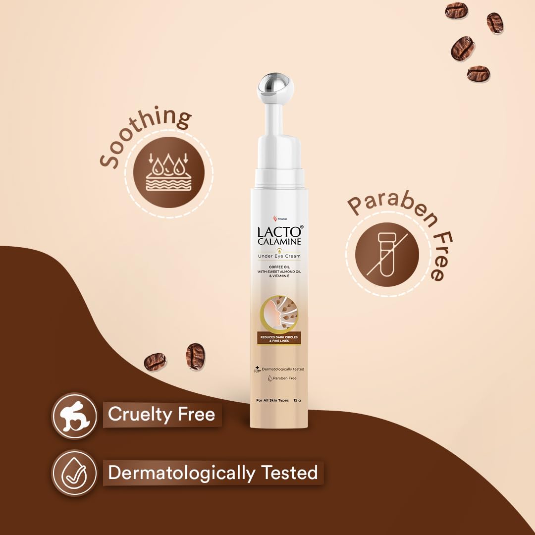 Lacto Calamine Under Eye Cream For Dark Circles for Women & Men | Fine Lines & Puffy Eyes With Cooling Massage Roller | 15g | With Coffee Oil, Multi-Peptides, Niacinamide, & Vitamin E
