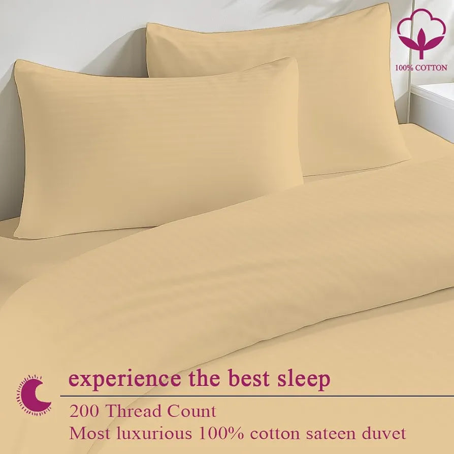 Trance Home Linen Zippered 100% Cotton 200TC Satin Stripe King Size Duvet Cover Quilt Cover Blanket Cover Razai Comforter Cover with 2 Pillow Covers Colour Beige