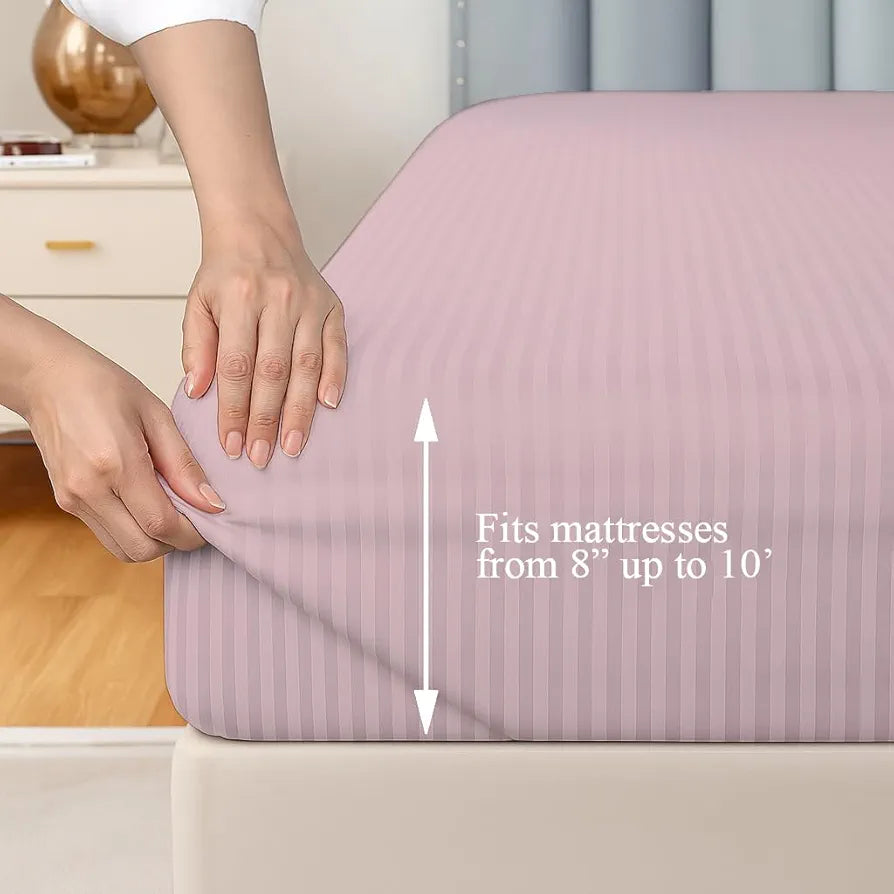 Trance Home Linen 100% Cotton 78x66 inch 200TC Satin Stripe Elastic Fitted Bedsheet Double Bed Fitted Bedspread with 2 Pillow Covers Colour Cameo Rose