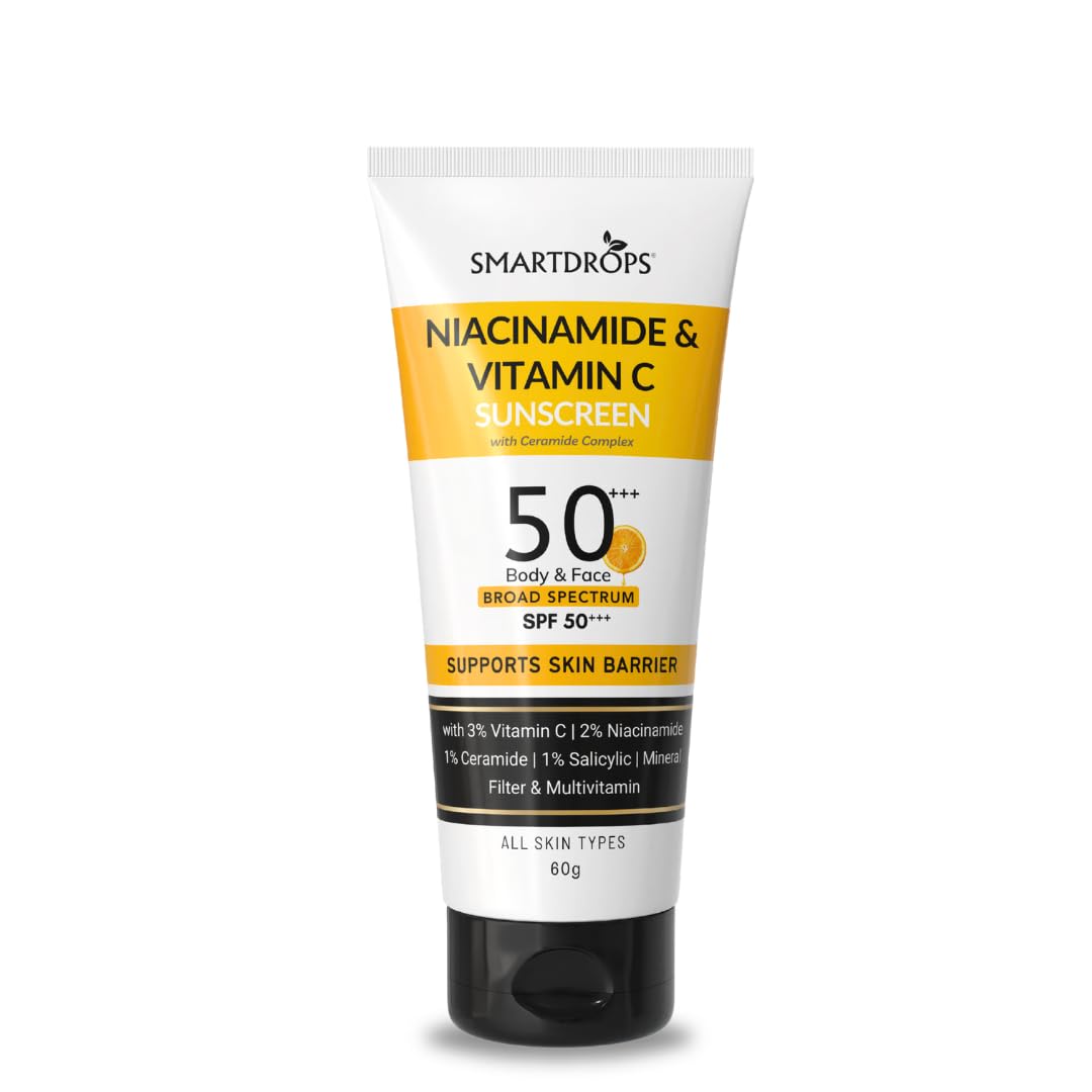 Smartdrops Sunscreen SPF 50+++ PA+++ Broad Spectrum with Niacinamide & Vitamin C, Lightweight Lotion for Daily Use, Face and Body Application, Suitable for Men and Women - 60ml (Pack of 1)