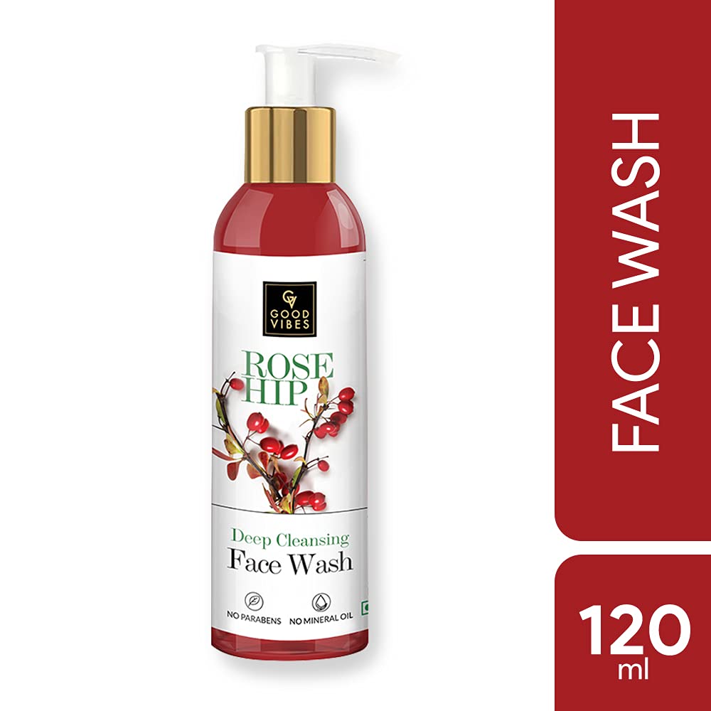 Good Vibes Rosehip Deep Cleansing Face Wash, 120 ml Naturally Controls Excess Sebum & Acne, Moisturizing Skin Softening Formula for All Skin Types, No Parabens & Mineral Oil
