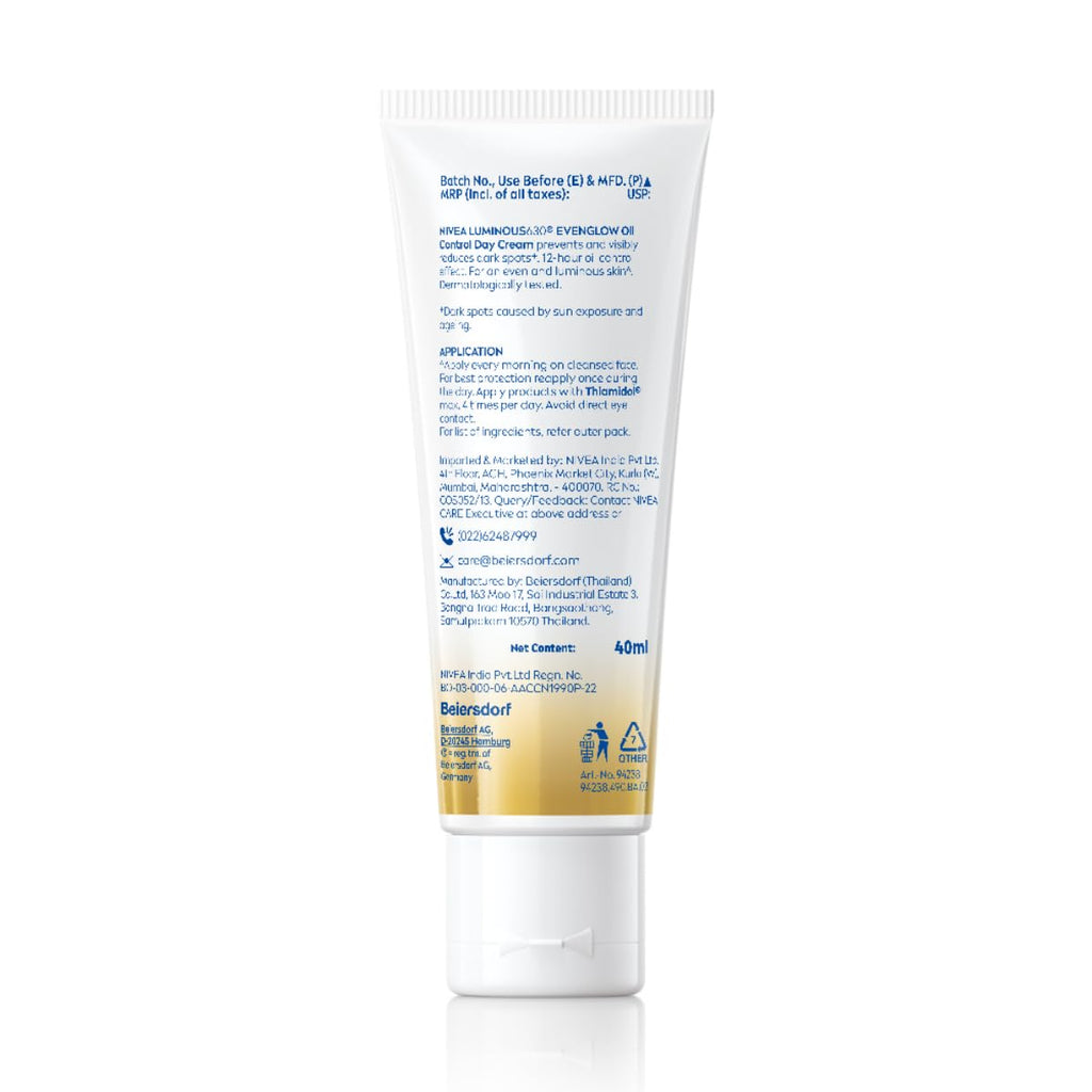 NIVEA Luminous Even Glow Oil Control Day Cream & Moisturizer For Face,Spf 50 With Uv Protection&UVA UVB Filters,Thiamidol,Hyaluronic Acid,Vitamin E For Dark Spots Reduction&Deep Moisturization,40Ml