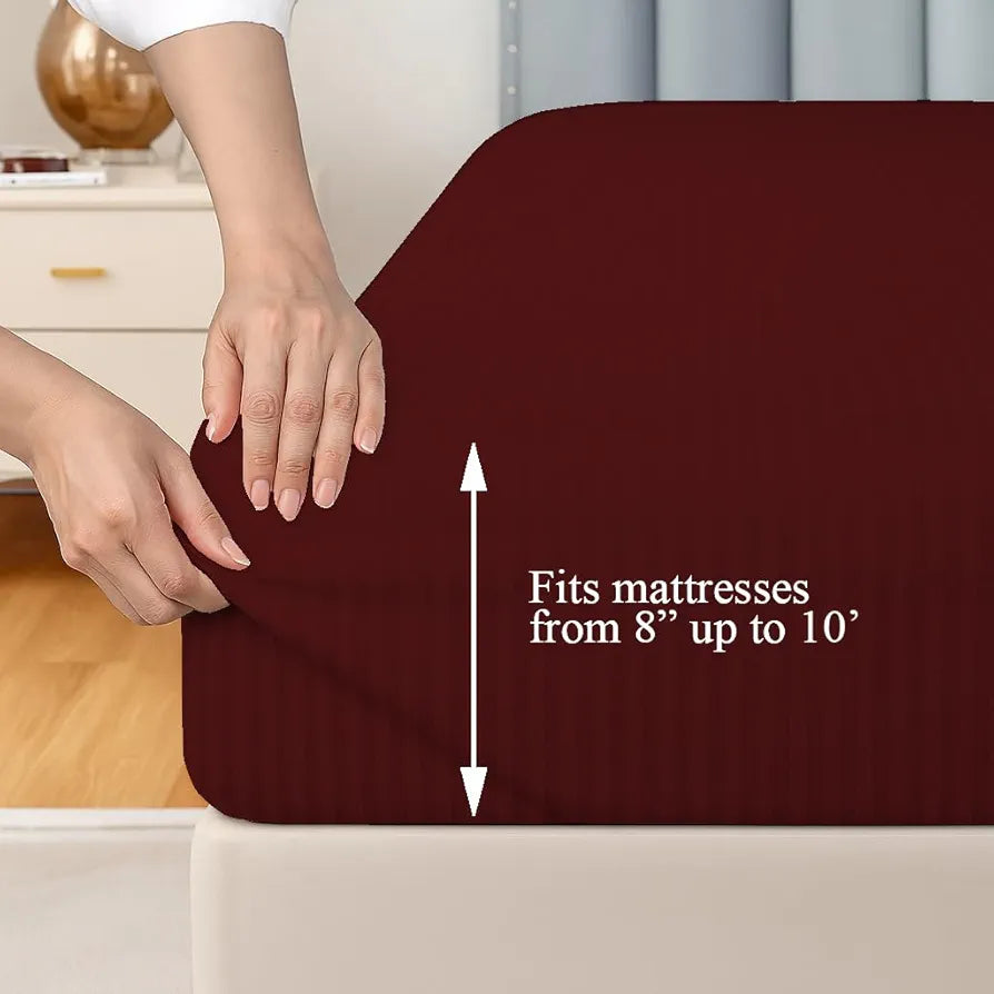Trance Home Linen 100% Cotton 78x66 inch 200TC Satin Stripe Elastic Fitted Bedsheet Daily Use Double Bed Fitted Bedspread with 2 Pillow Covers Colour Maroon