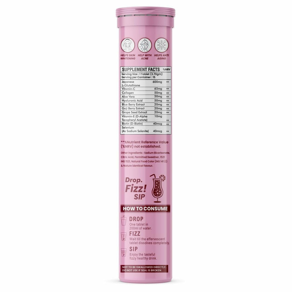 Glutathione Tablets Japanese L Glutathione 15 Effervescent Tablet In Mixberry Flavour With Collagen Aloevera Biotin Vitamin-c Hyaluronic Acid For Skin Glow & Hydration (Pack of 1)