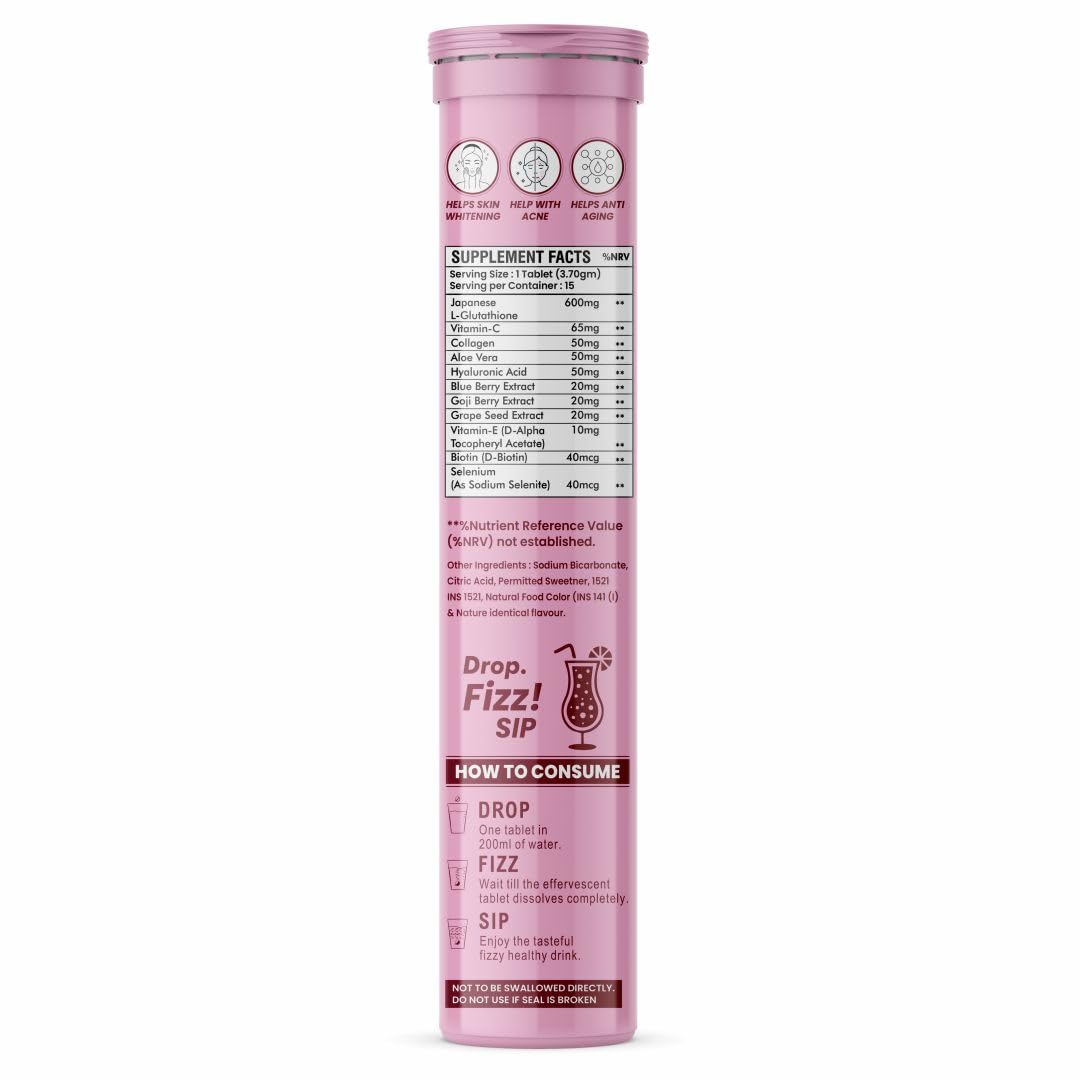 Glutathione Tablets Japanese L Glutathione 15 Effervescent Tablet In Mixberry Flavour With Collagen Aloevera Biotin Vitamin-c Hyaluronic Acid For Skin Glow & Hydration (Pack of 1)