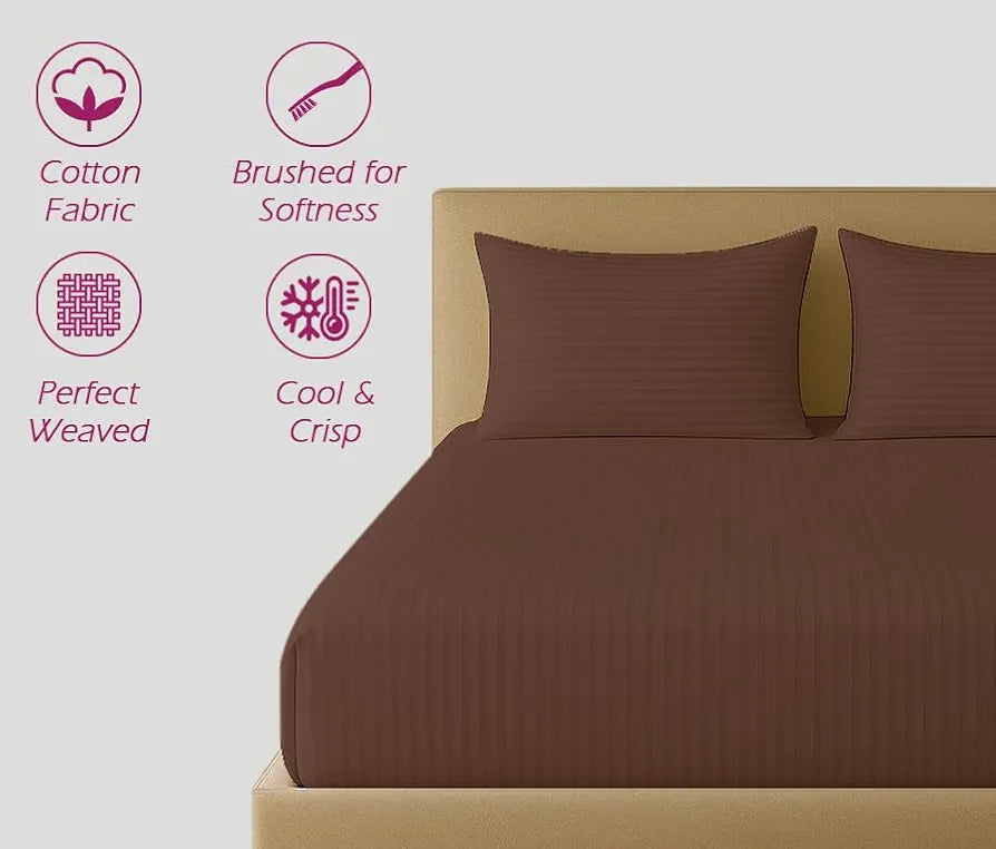Trance Home Linen 100% Cotton 78x72 inch King Fitted 200TC Satin Stripe Elastic Fitted Bedsheet with 2 Pillow Covers 78"x72" | 6.5x6 feet Colour Chocolate Brown
