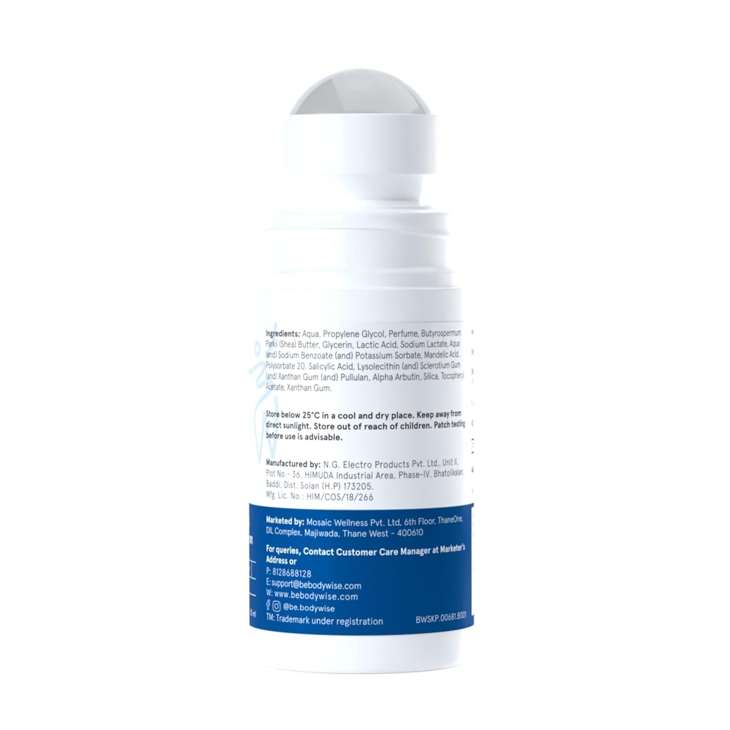 Be Bodywise 4% Aha Bha Underarm Roll On 50ml | 2% Lactic Acid, 1% Mandelic Acid, 1% Salicylic Acid | Controls Odour & Reduces Pigmentation | 0% Alcohol & 0% Aluminium | Aqua Fragrance