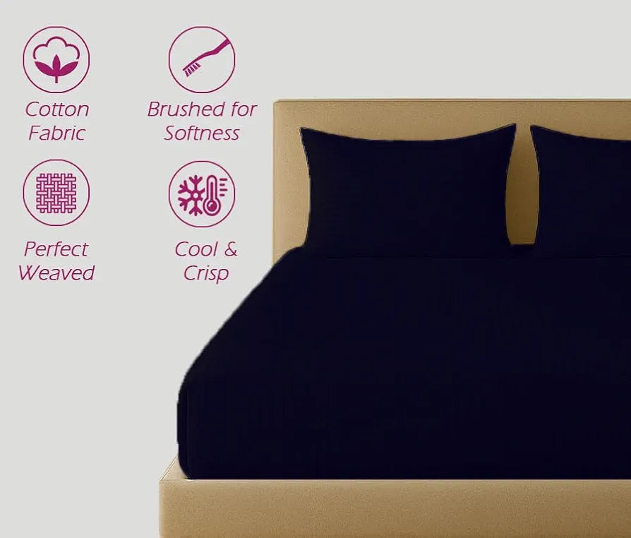 Trance Home Linen 100% Cotton 78x72 inch King Fitted 200TC Satin Stripe Elastic Fitted Bedsheet with 2 Pillow Covers 78"x72" | 6.5x6 feet Colour Dark Blue