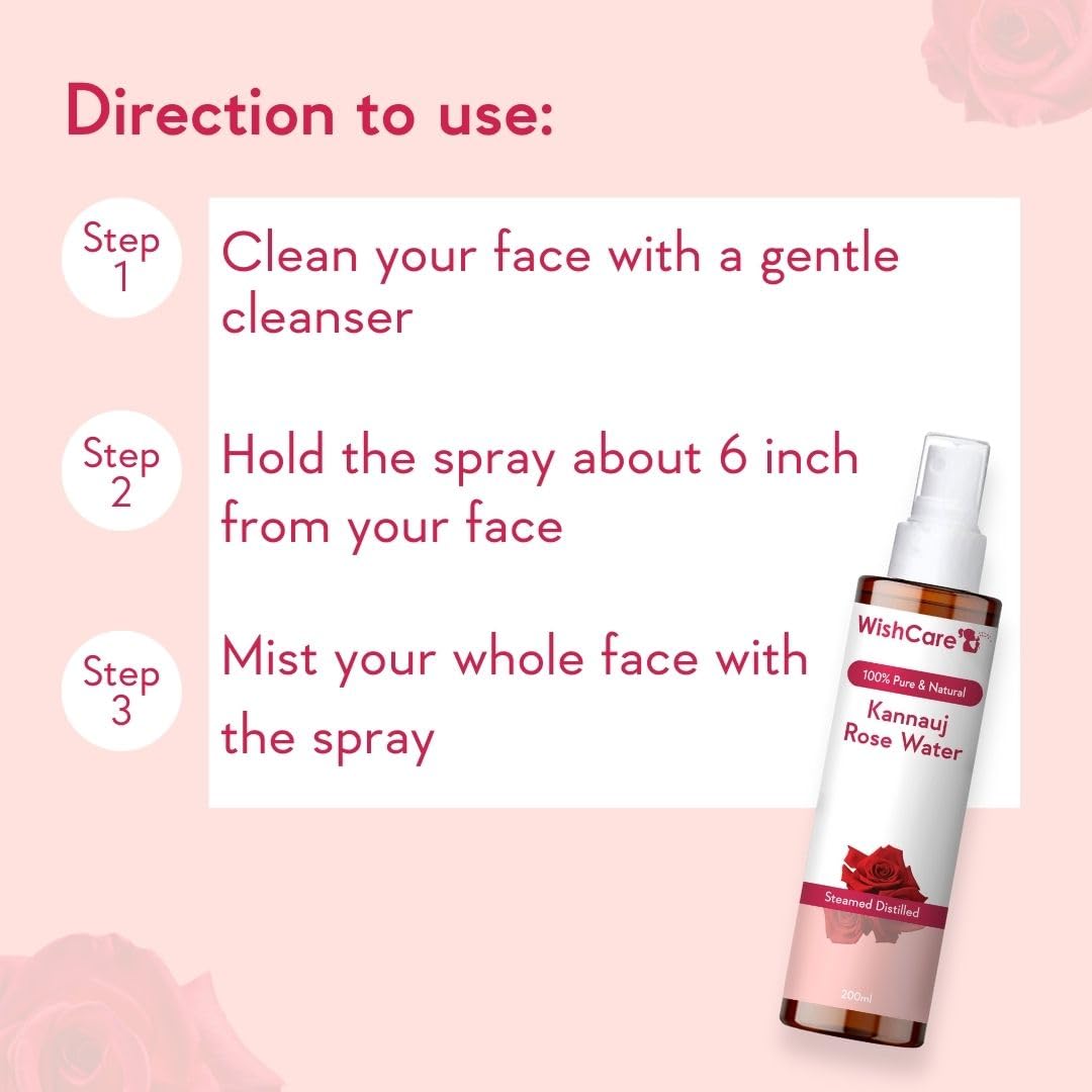 WishCare 100% Pure & Natural Rose Water For Face, Skin & Hair - Rose Water Toner for Glowing Skin - Free from Paraben & Alcohol 200ml