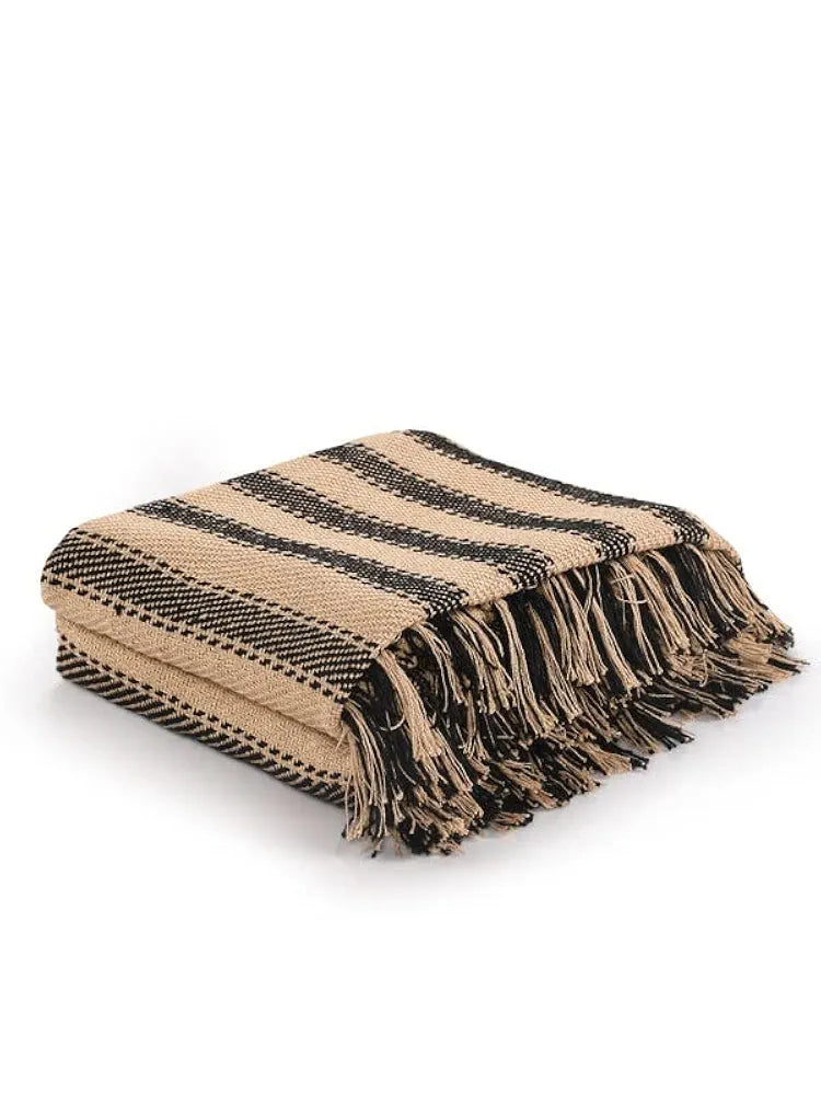 Sashaa World Striped Throw Medium with Tasselled Edges Colour Camel