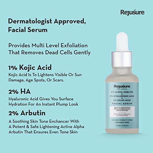 Rejusure 2% Alpha Arbutin + 2% Hyaluronic Acid + 1% Kojic Acid Face Serum - 10 Ml