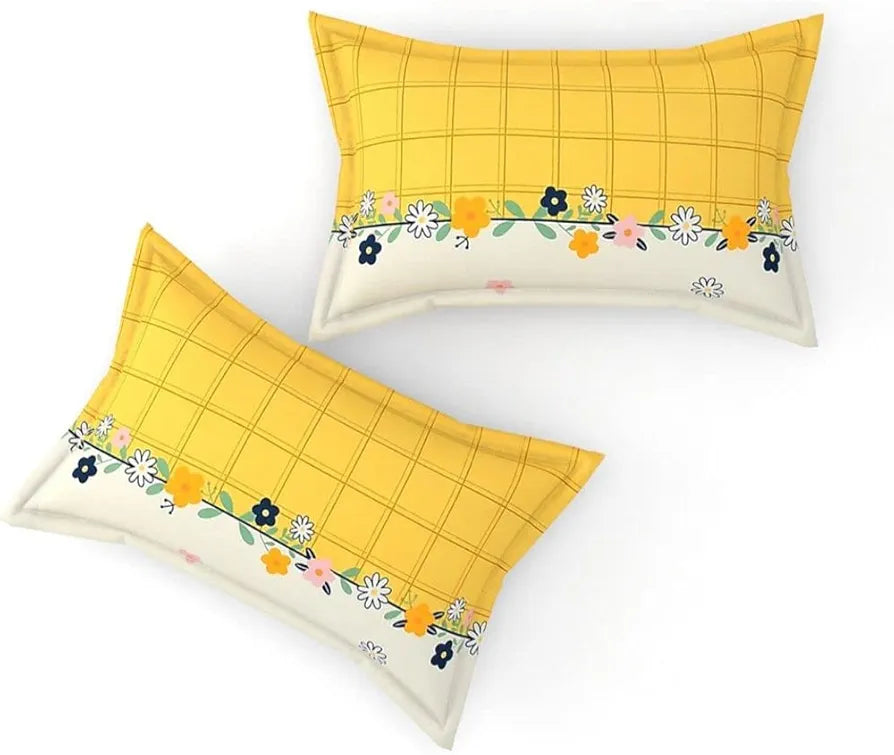 The Home Style Cotton Feel Glace Cotton Elastic Fitted Printed Queen Size Double Bed Bedsheet With 2 Pillow Cover,300 TC Cadmium Yellow