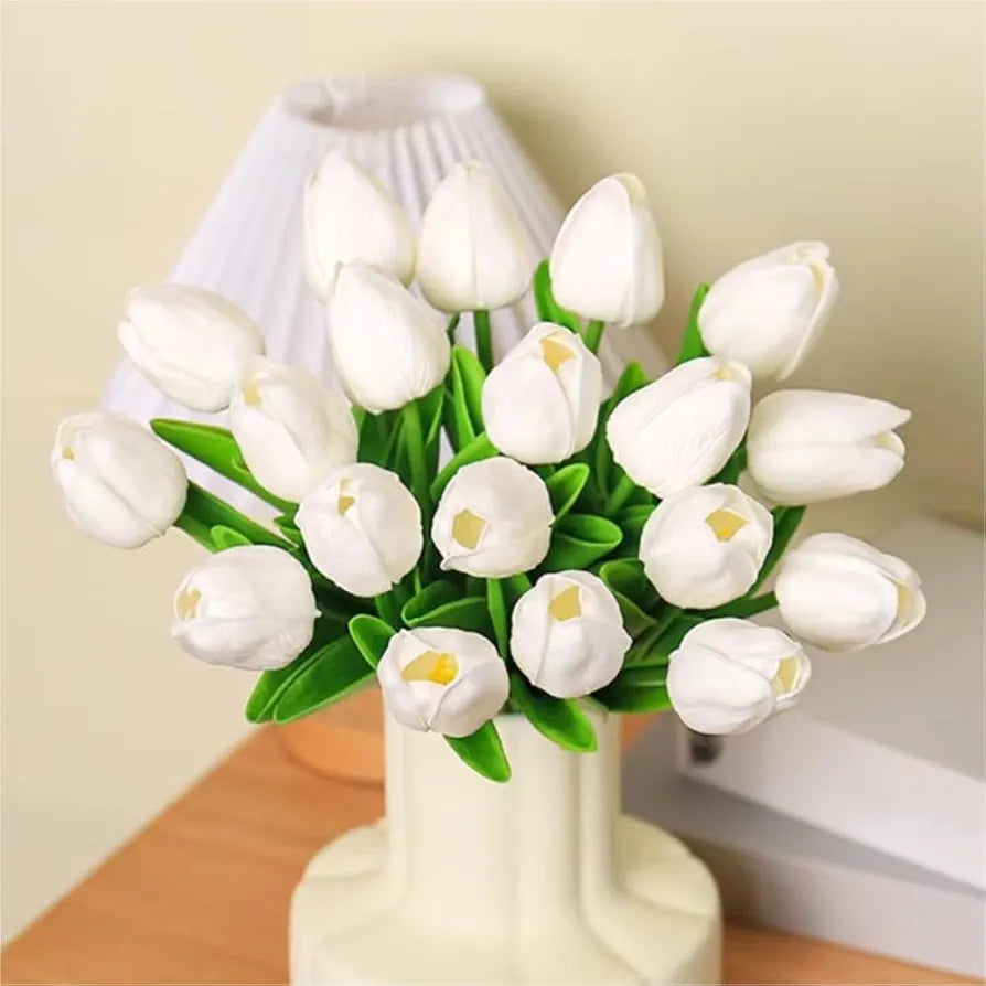 Artificial Tulips 20Pcs Real Touch Fake Tulips PU Flower Arrangement Bouquets White20