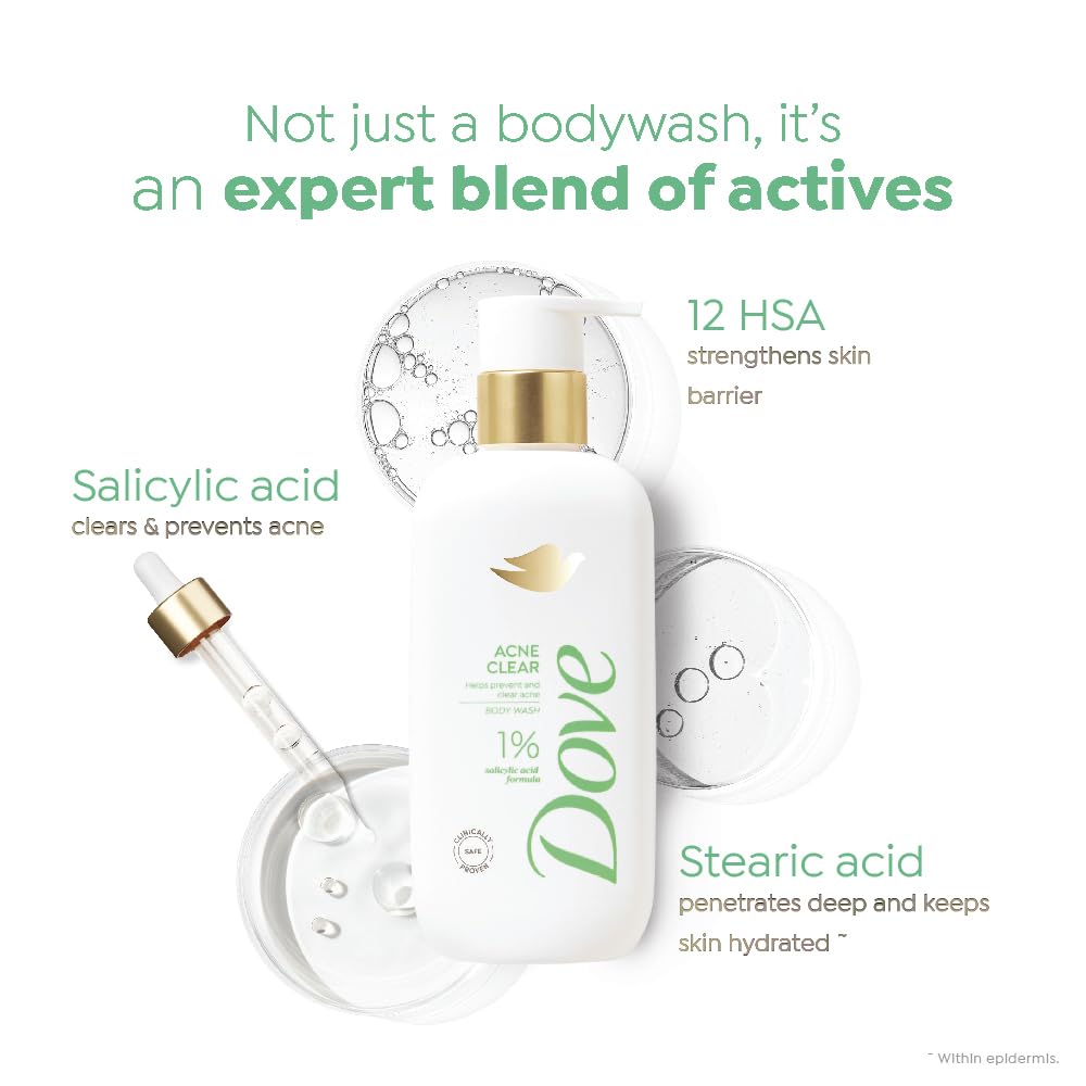 DOVE Acne Clear Serum Body Wash, 300 ml, for Clearer Skin, with 1% Salicylic Acid, Reduces Blemishes and Breakouts, Sulfate-Free, Dermatologist Approved