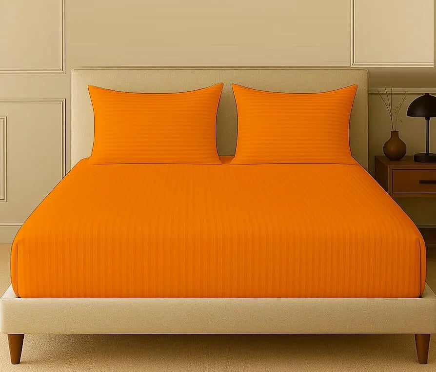 Trance Home Linen 100% Cotton 78x72 inch King Fitted 200TC Satin Stripe Elastic Fitted Bedsheet with 2 Pillow Covers Colour Orange